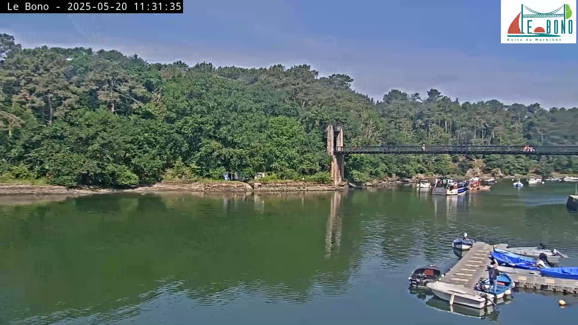 A suspension bridge spans a calm, green river bordered by lush green trees under a clear, sunny sky, with several small boats moored at a dock in the foreground.