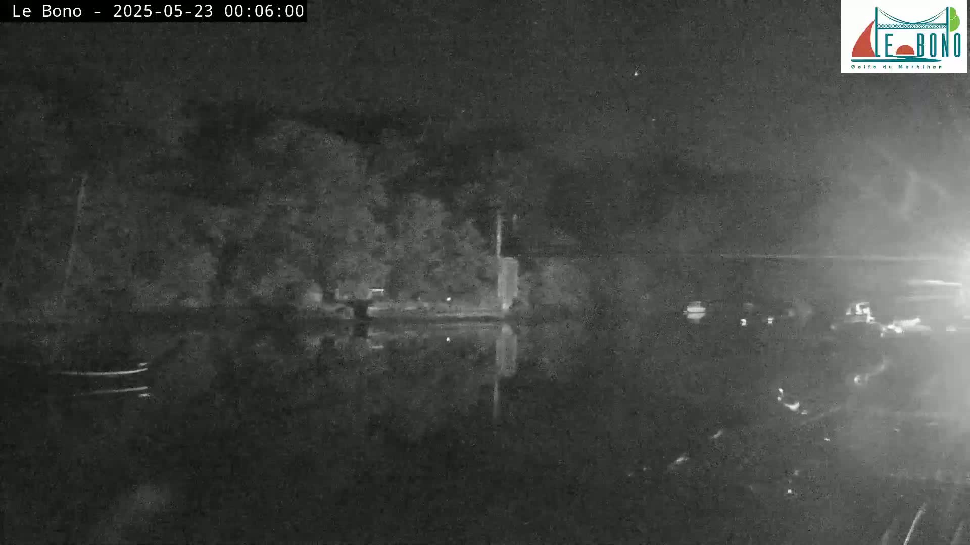 A nighttime, low-light image shows a dark body of water reflecting the dark shoreline and trees under a clear sky.