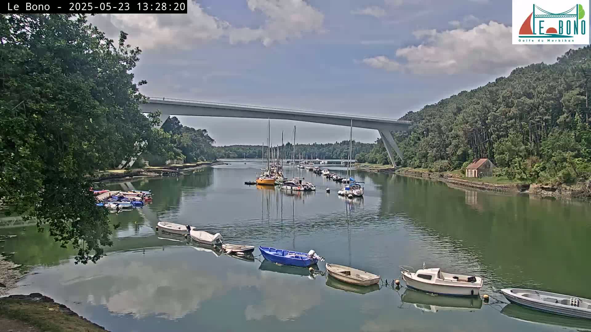 A calm waterway with numerous small boats and sailboats docked under a modern bridge on a partly cloudy day.