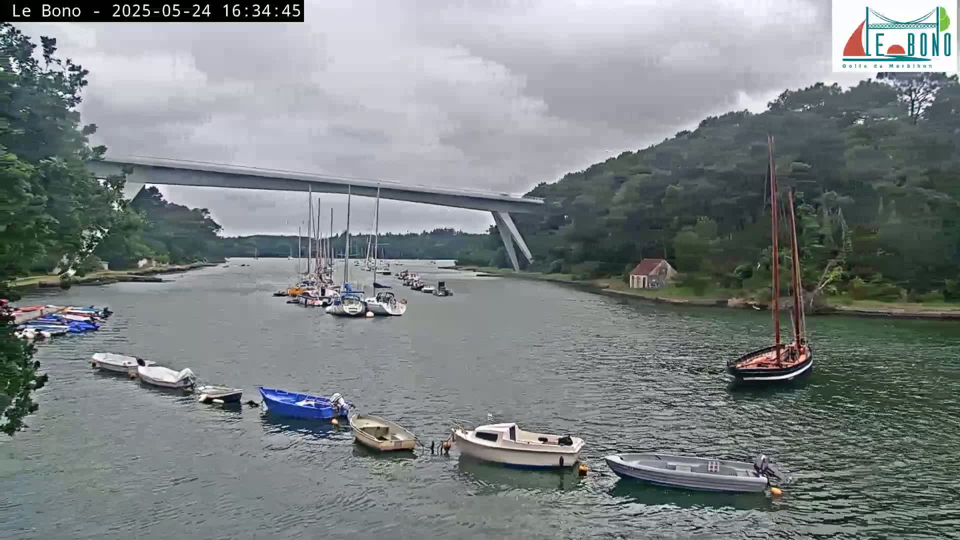 A calm waterway under an overcast sky features several sailboats and motorboats moored near a modern bridge spanning a verdant, wooded shoreline.