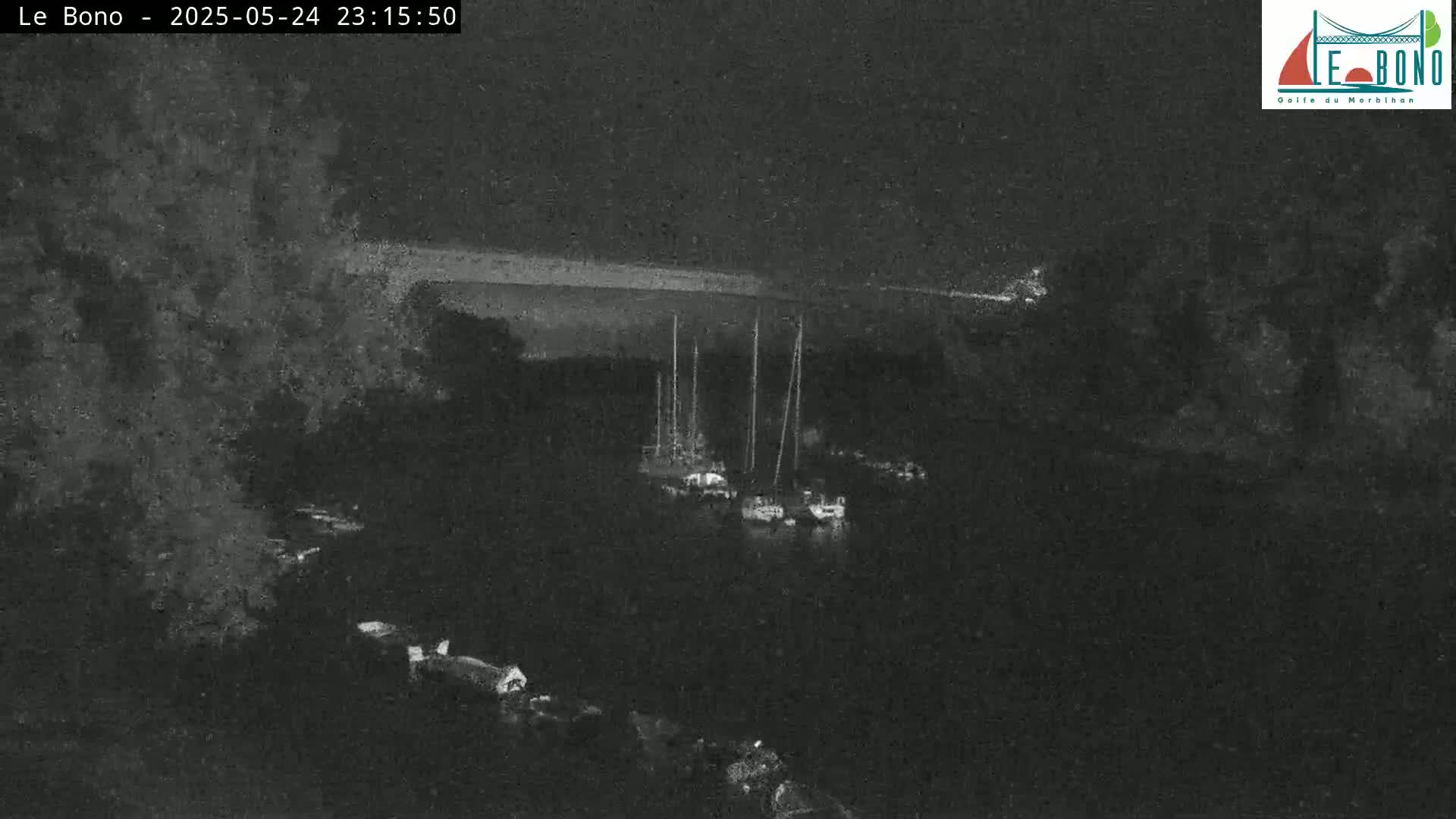 A nighttime, low-light view of several sailboats moored in a dark body of water, partially obscured by land and vegetation.