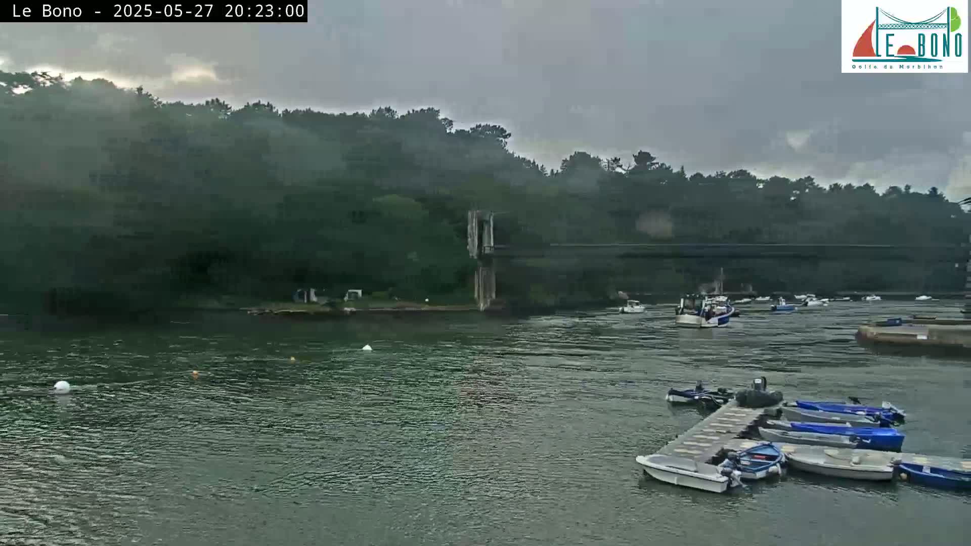 Several small boats are moored at a dock on a calm body of water under an overcast sky, with a bridge and forested hills in the background.