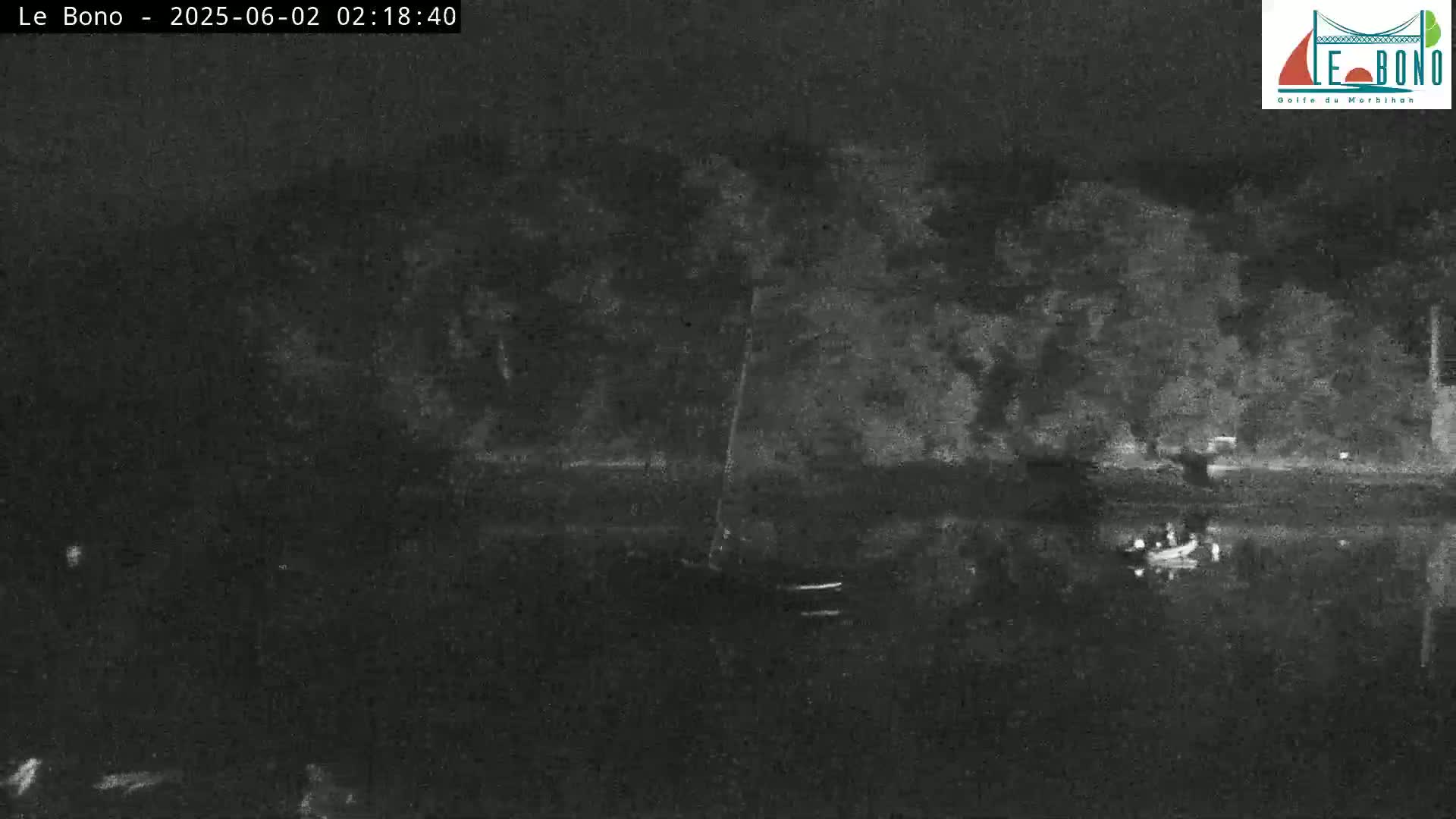 A nighttime, low-light image shows a body of water with a small boat and some people near a dark shoreline lined with trees.