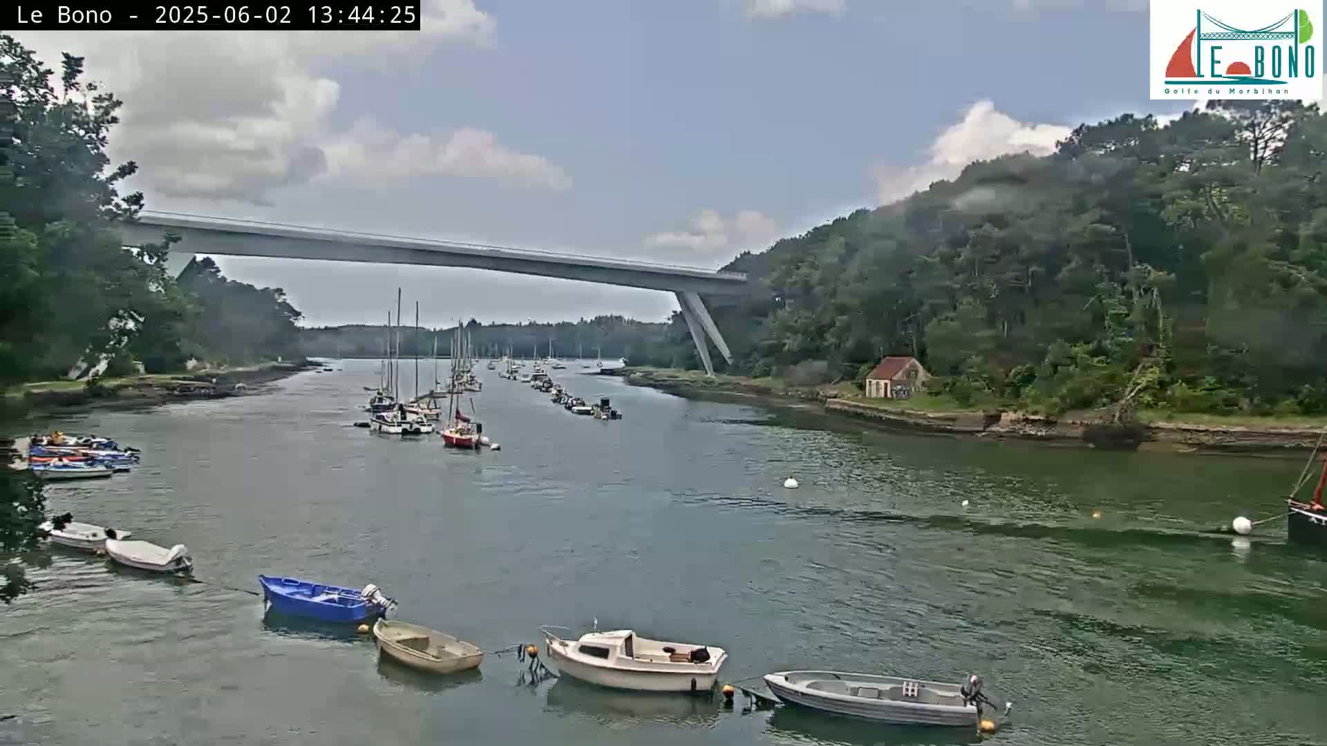 A mostly sunny day shows a calm waterway with numerous small boats moored and sailing under a long bridge, surrounded by lush green trees.