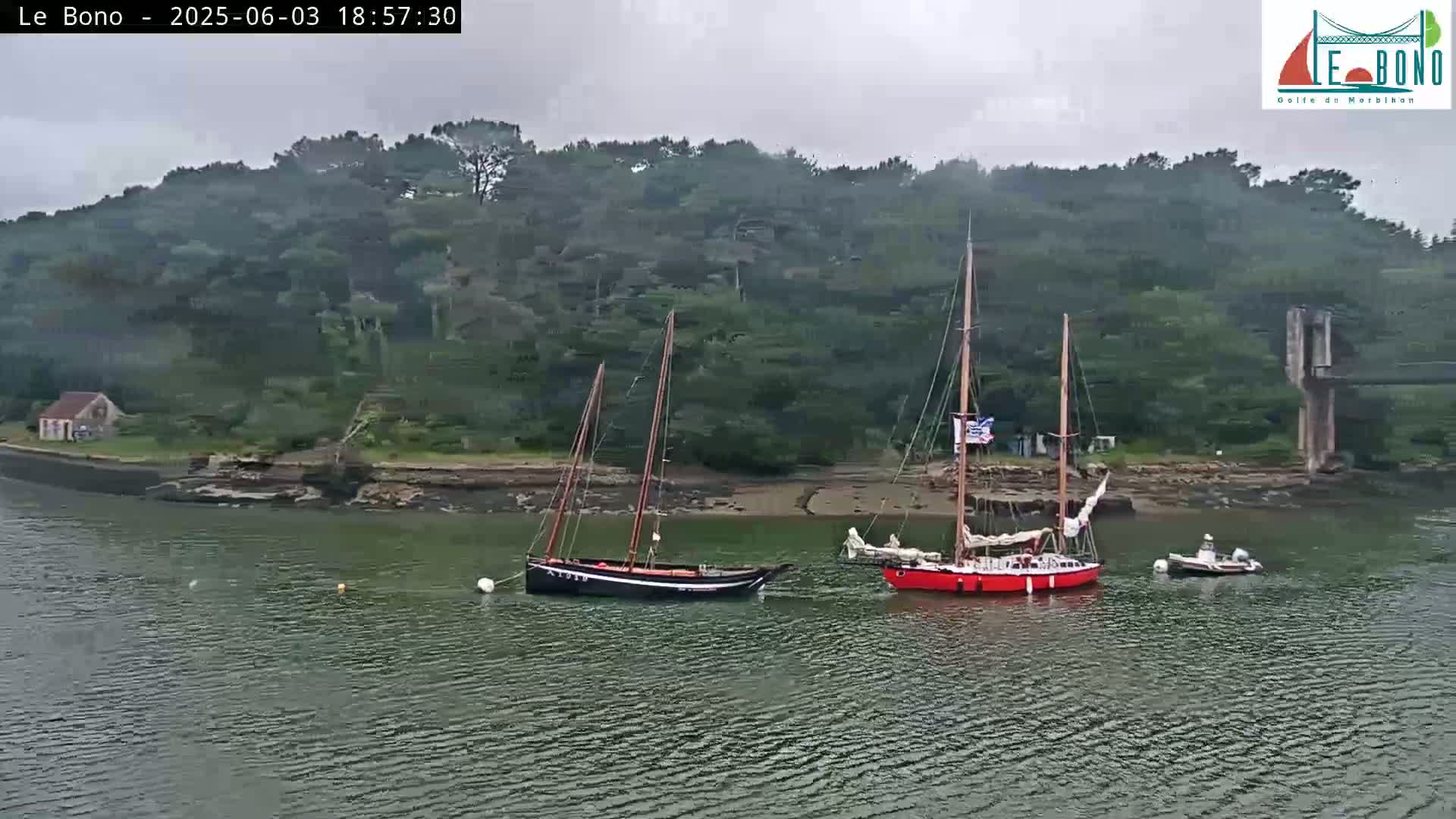 Two sailboats are moored in calm water near a shoreline with lush green vegetation and a small building under an overcast sky.