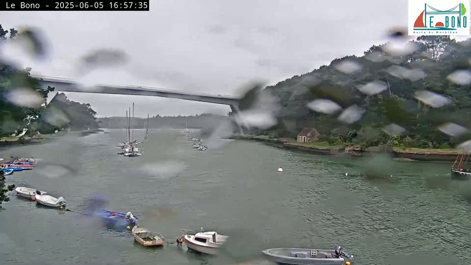 A rainy view of a waterway with several boats and a bridge, surrounded by green hills.