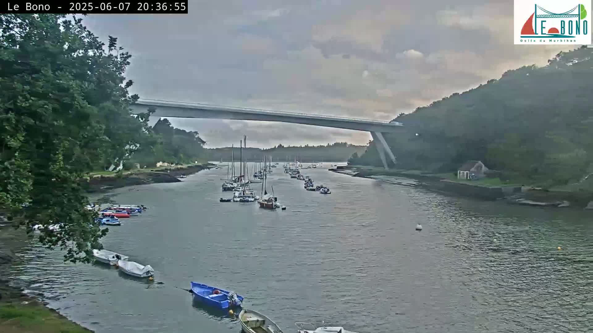 Numerous boats are moored in a calm river under an overcast sky, with a long bridge spanning the waterway and lush green hillsides lining the banks.