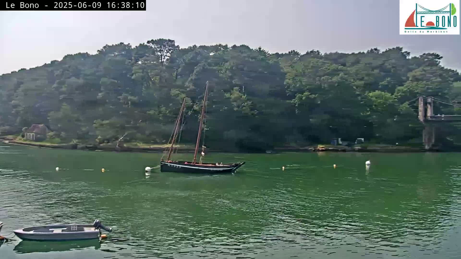 A sailboat is moored in calm, green water near a lush, green shoreline with a small motorboat in the foreground.
