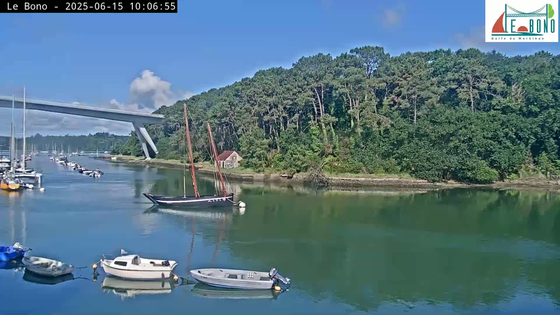 A calm waterway with several small boats and a larger sailboat is nestled beneath a bridge and surrounded by lush green trees under a mostly sunny sky.