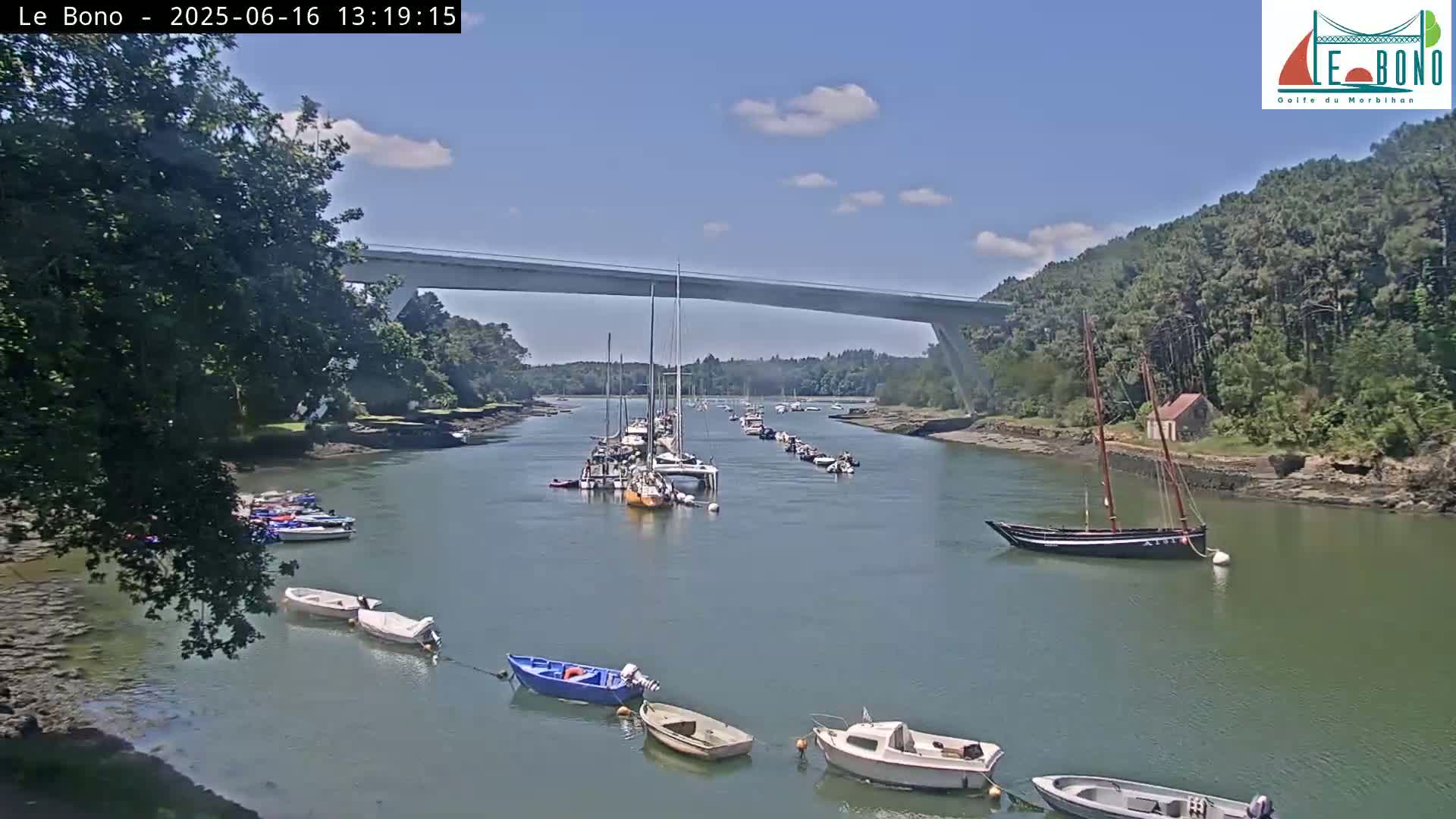 A calm river scene under a partly cloudy sky shows numerous sailboats and small motorboats moored along the banks and in the center of the waterway, with a long bridge spanning the river in the background.