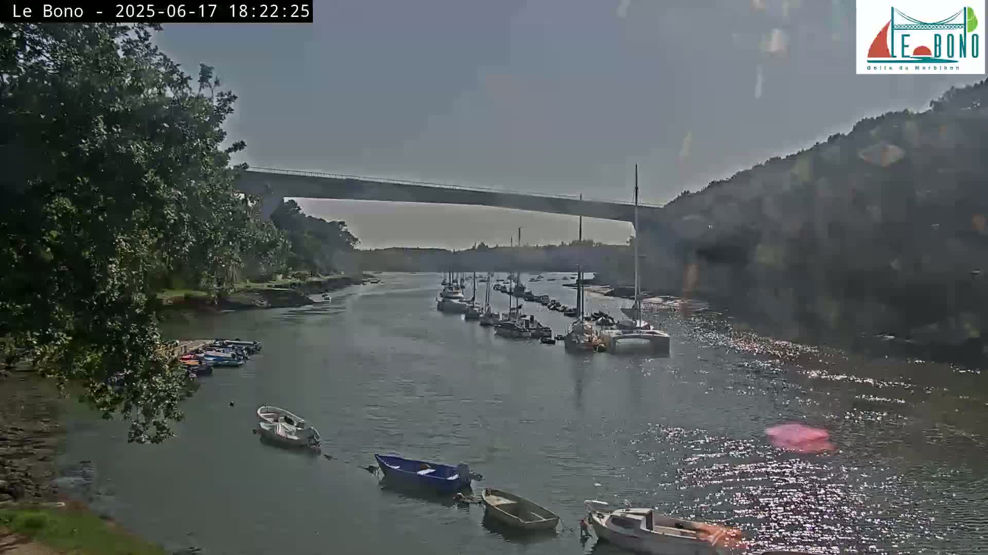 A calm, hazy day reveals a river with numerous boats moored along its banks, under a long bridge spanning the waterway, which is surrounded by greenery.