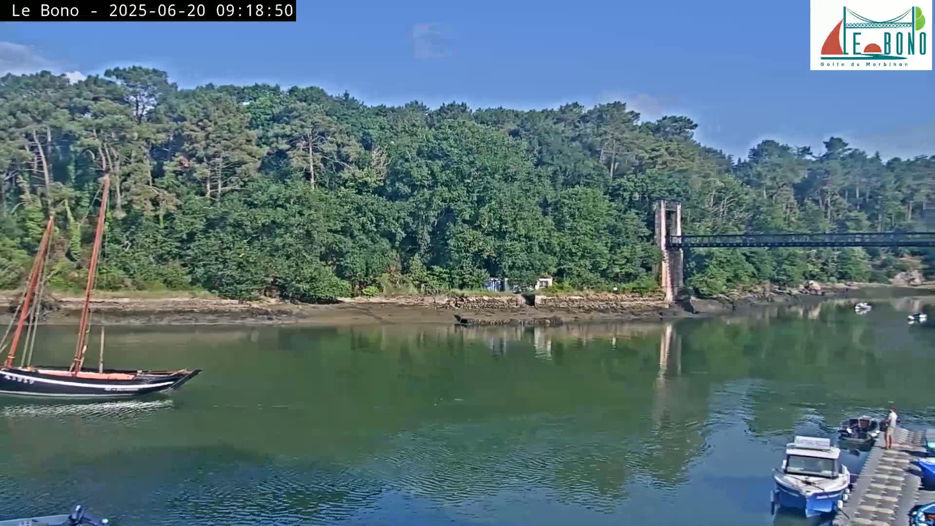 A calm river scene on a sunny day shows a sailboat and several motorboats near a suspension bridge spanning a wooded shoreline.