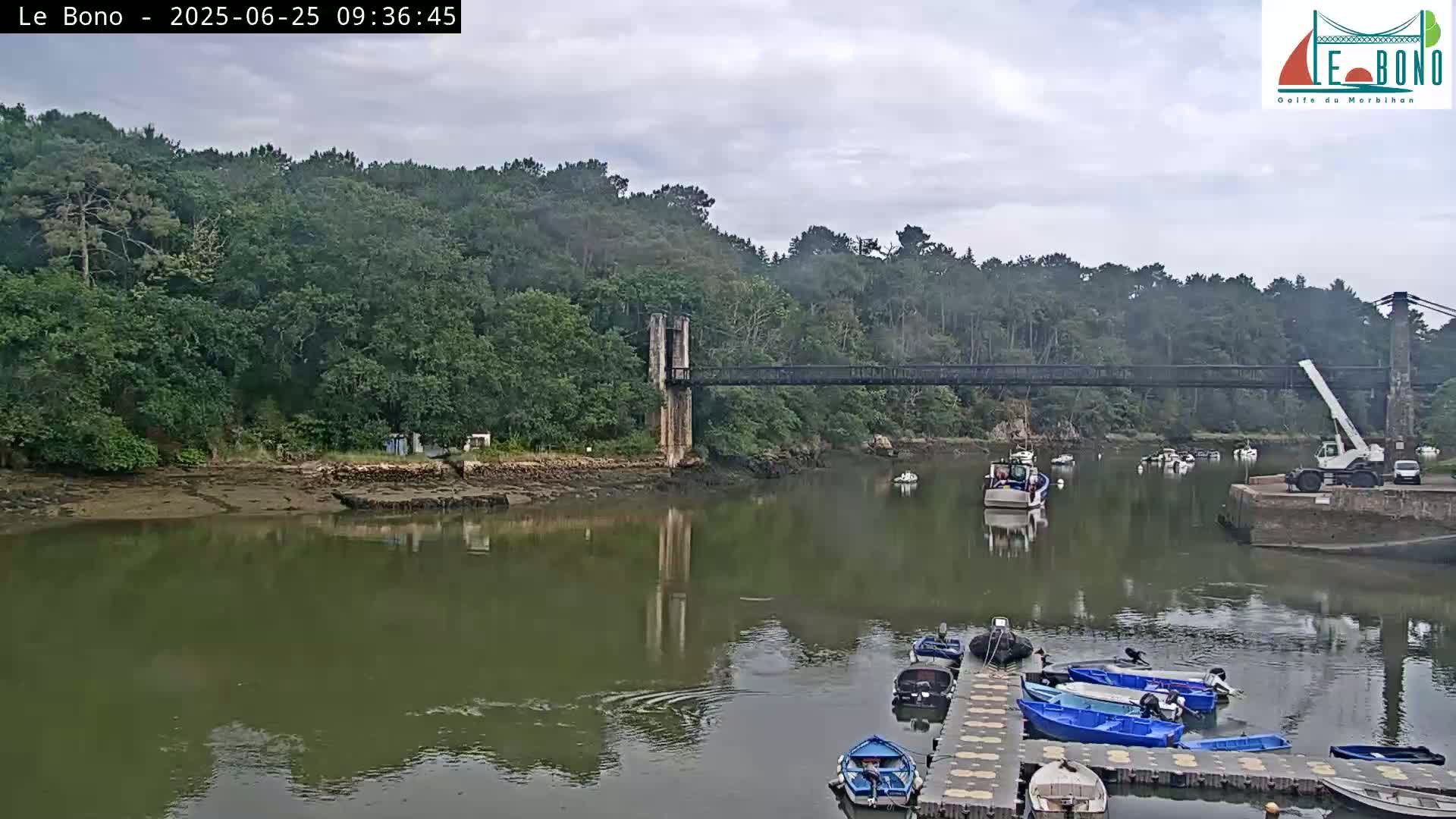 A suspension bridge spans a calm river lined with green trees under an overcast sky, with several small boats moored at a dock.