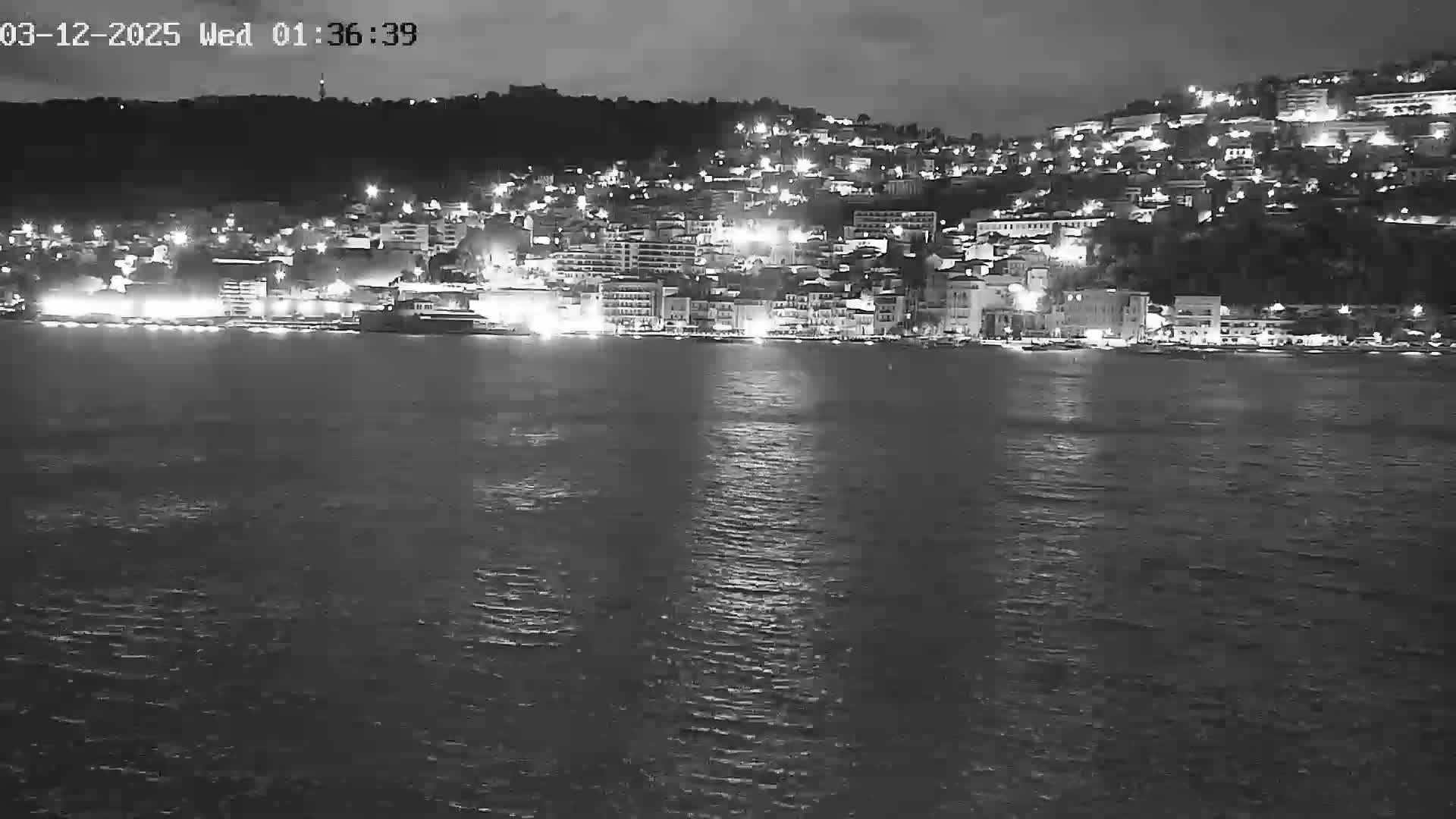A nighttime, grayscale image shows a city's lights illuminating the waterfront across a dark, gently rippling body of water.