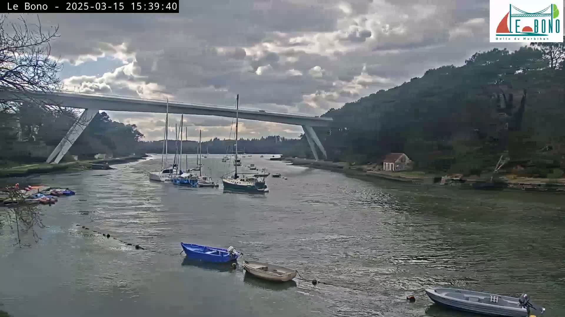 Several sailboats and small motorboats are moored in a calm river under a cloudy sky, with a modern bridge spanning the waterway in the background.