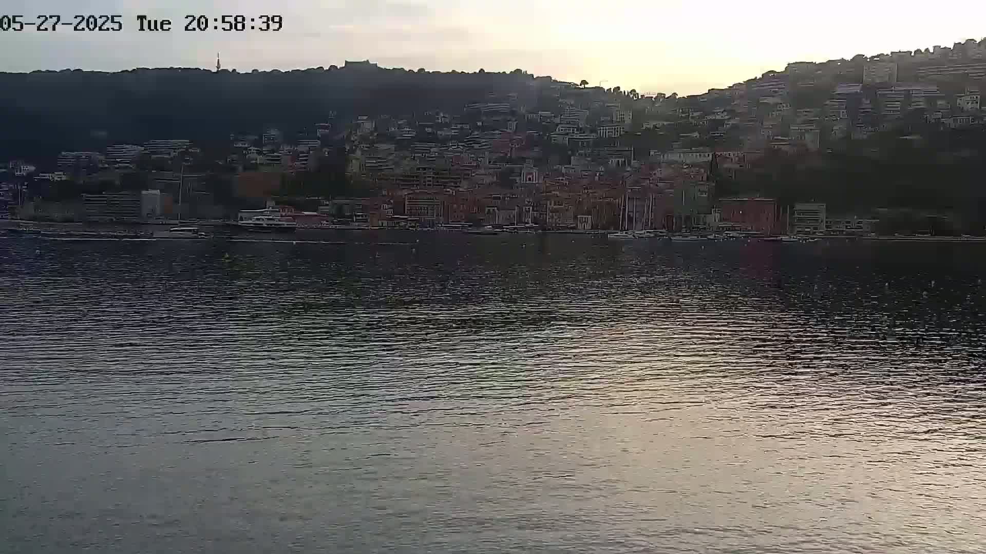 A hilltop town overlooks a calm body of water under a dusky sky.