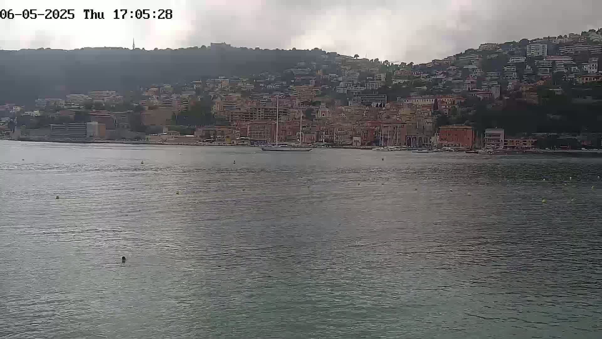 A large body of calm water sits in front of a hillside town under an overcast sky.