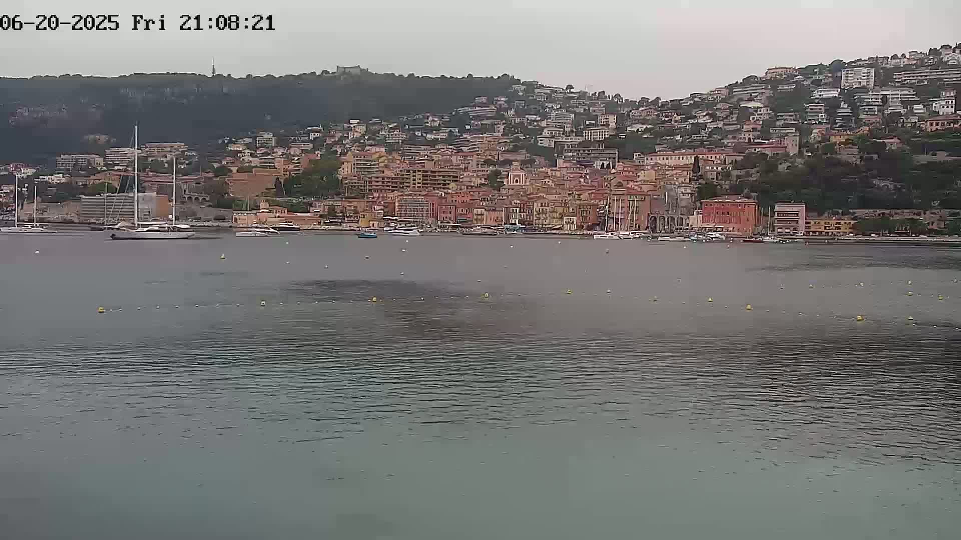 A harbor with several boats is seen in front of a hillside town under an overcast sky.