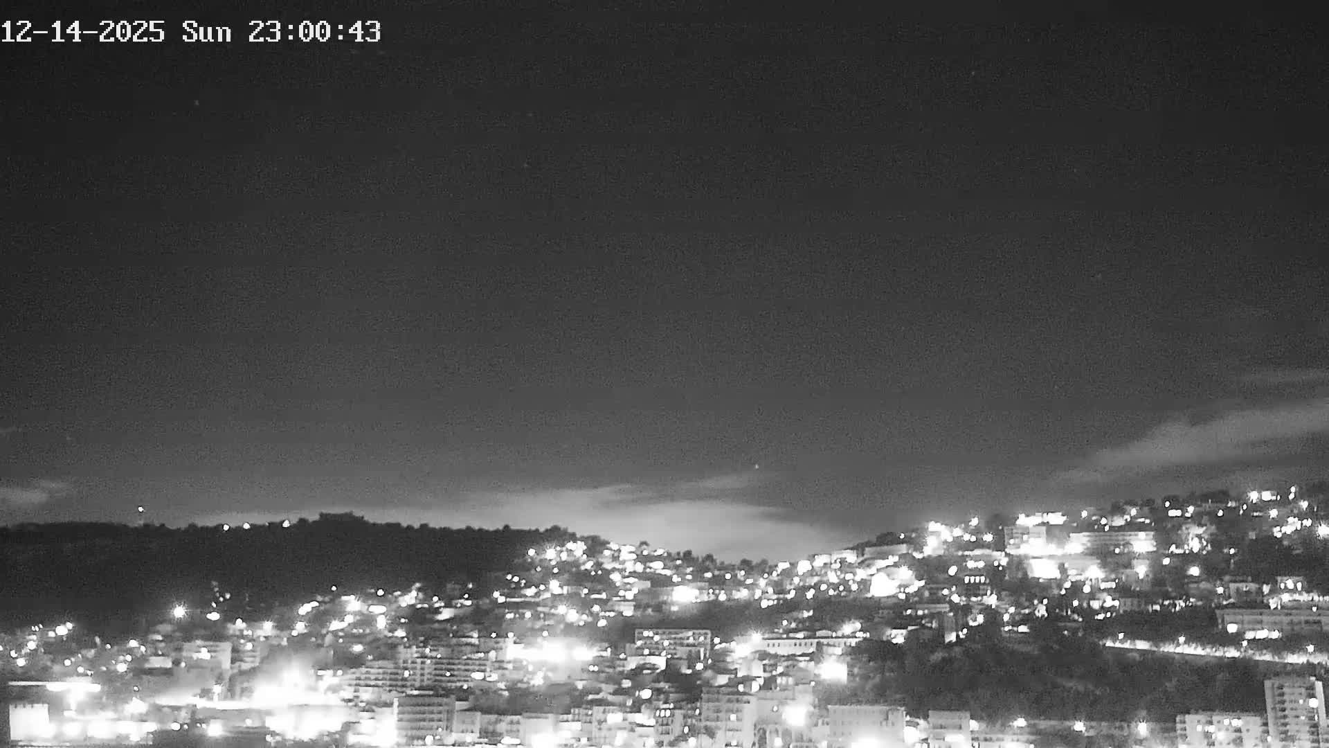 A clear, sunny day illuminates a vibrant, densely built city nestled along a tree-covered hillside beneath a bright blue sky.