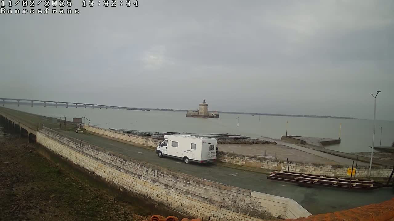 A white camper van is parked on a stone roadway overlooking a calm body of water, a distant bridge, and a small stone tower under an overcast sky.