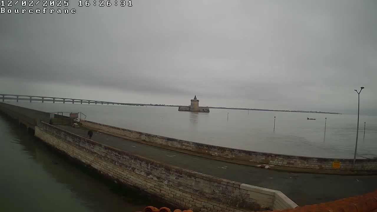 A stone wall and roadway curve around a calm body of water under an overcast sky, with a distant bridge and a small, fortified tower visible in the mid-ground.
