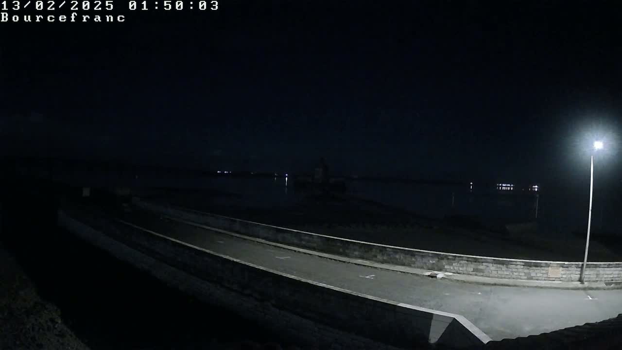 A nighttime, low-angle view of a paved roadway and low wall overlooking a dark body of water under a clear, starless sky illuminated by a single streetlight.
