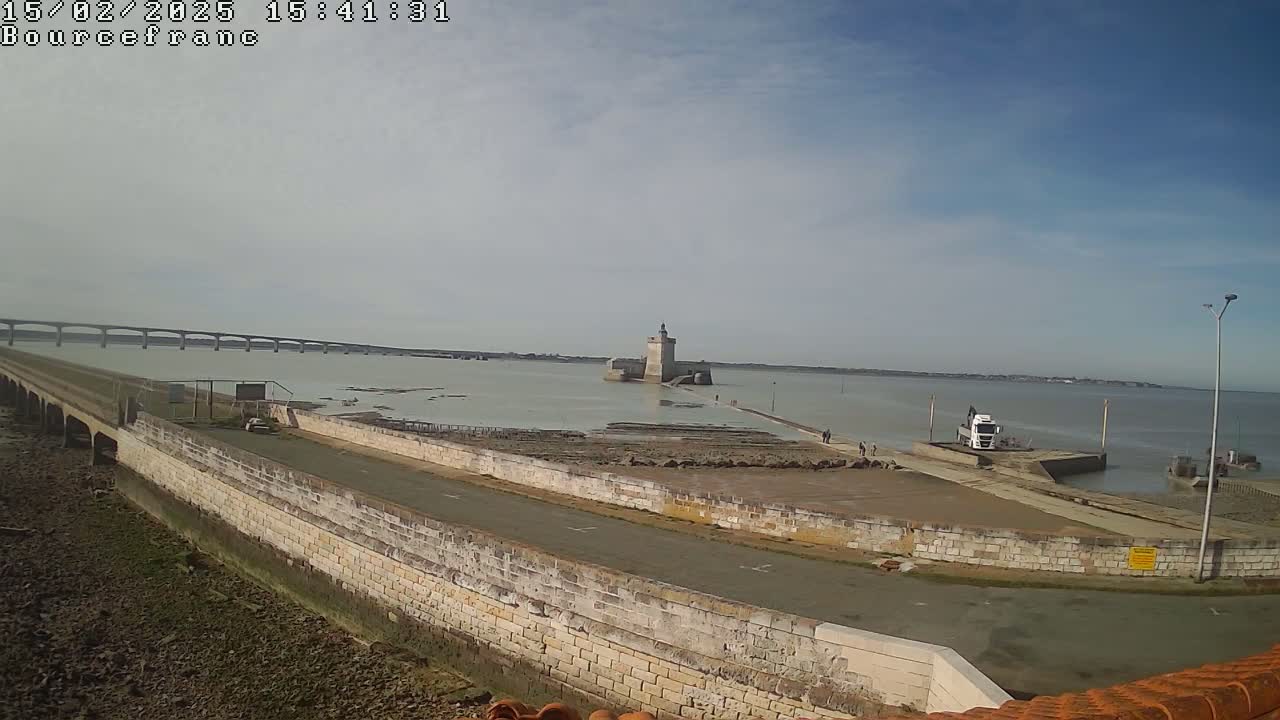 A stone wall and roadway overlook a tidal flat, a distant bridge, and a small stone fortress under a partly cloudy sky.