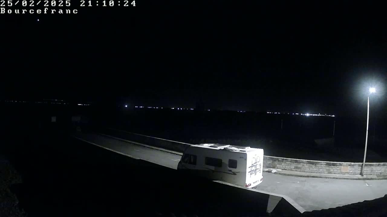 A white camper van is parked on a dark road at night, illuminated by a single streetlight, with a distant line of lights visible on the horizon.