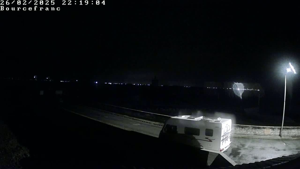 A white camper van is parked at night next to a road, under a single streetlight, with a distant town faintly visible in the background.
