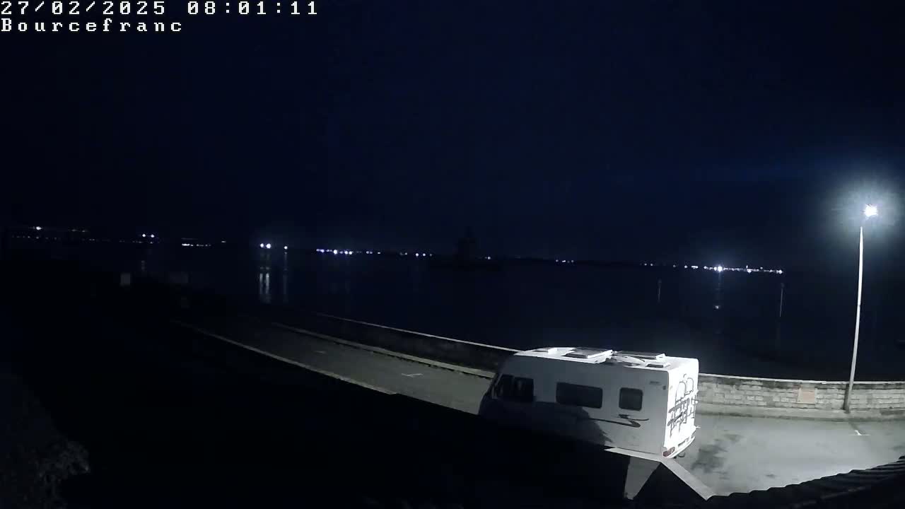 A white camper van is parked at night next to a body of water with distant lights visible across the water under a dark, clear sky.