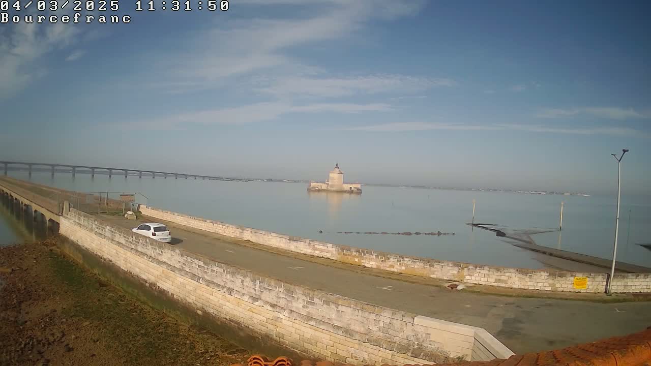 A white car is parked on a stone wall overlooking calm water, a distant bridge, and a small stone tower in the middle of the water under a mostly clear sky.