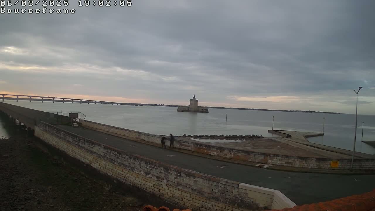 A stone seawall curves around a small harbor, with two people walking along it, a distant bridge, and a stone tower in the calm water under an overcast sky.