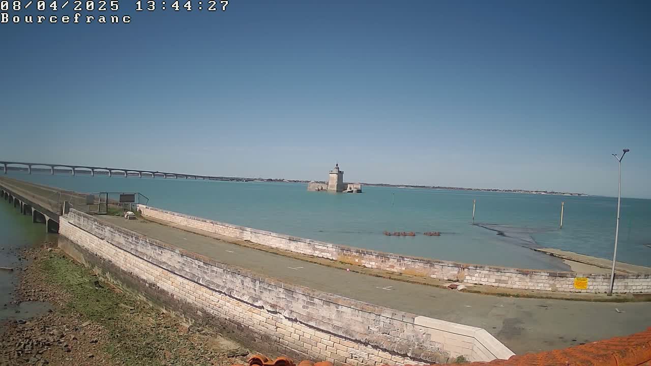 A stone wall and roadway overlook a calm, teal body of water featuring a distant bridge and a small, stone tower.
