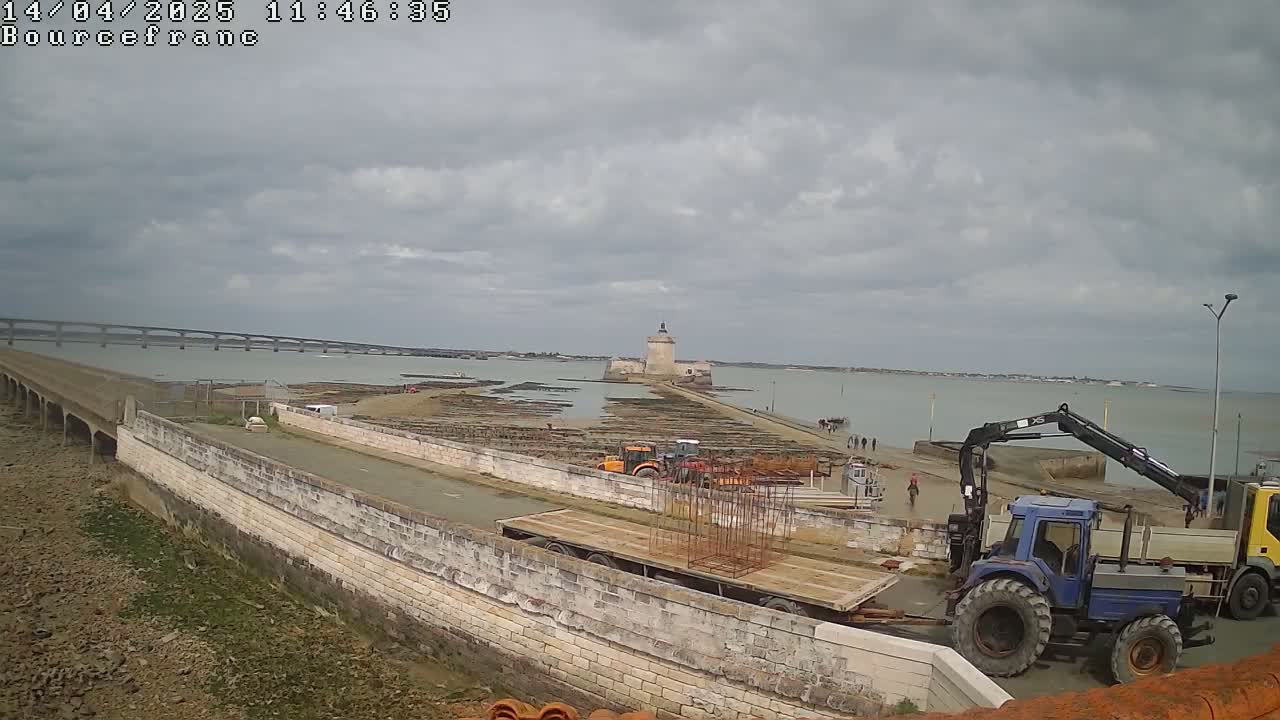 A stone causeway leads to a small island with a stone tower, under a cloudy sky, with construction equipment and several people visible near the water.