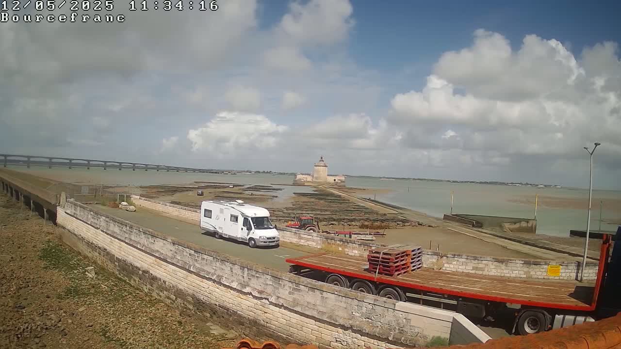 A white camper van drives on a road next to a low stone wall overlooking a tidal flat, a distant bridge, and a stone tower under a partly cloudy sky.