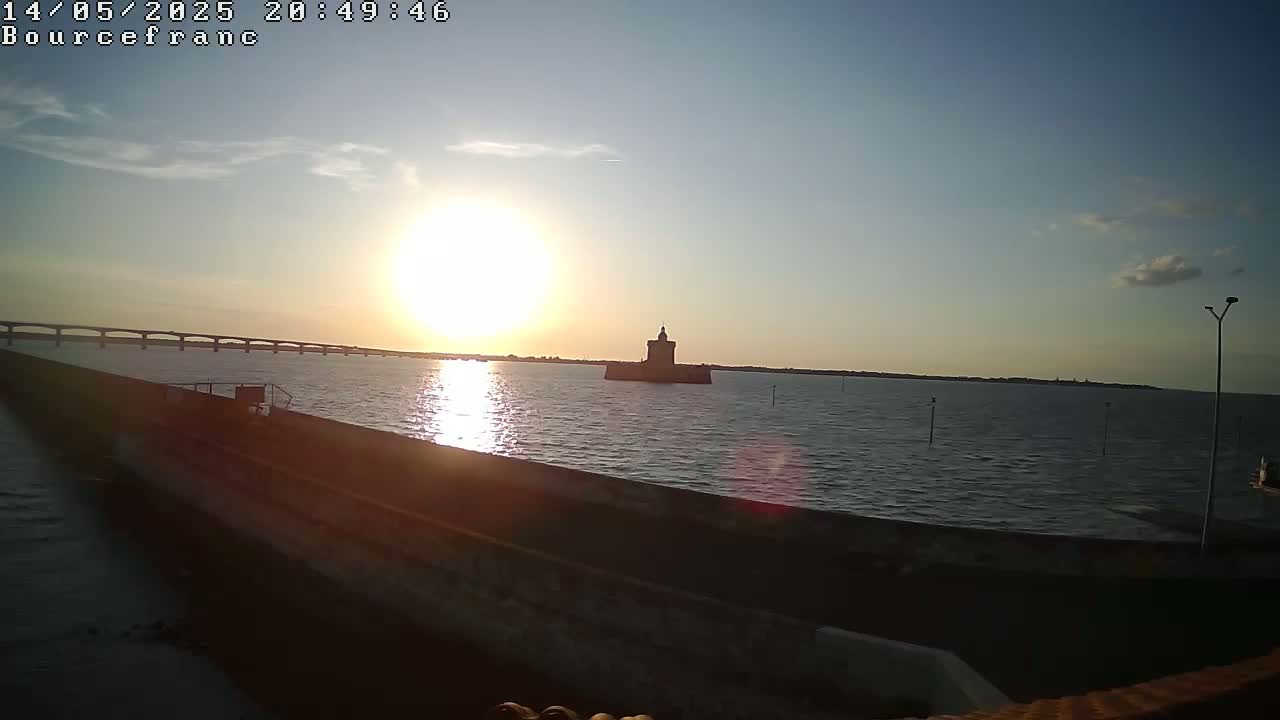 A sunset over calm water shows a bridge in the distance and a small, dark tower on an island in the foreground.