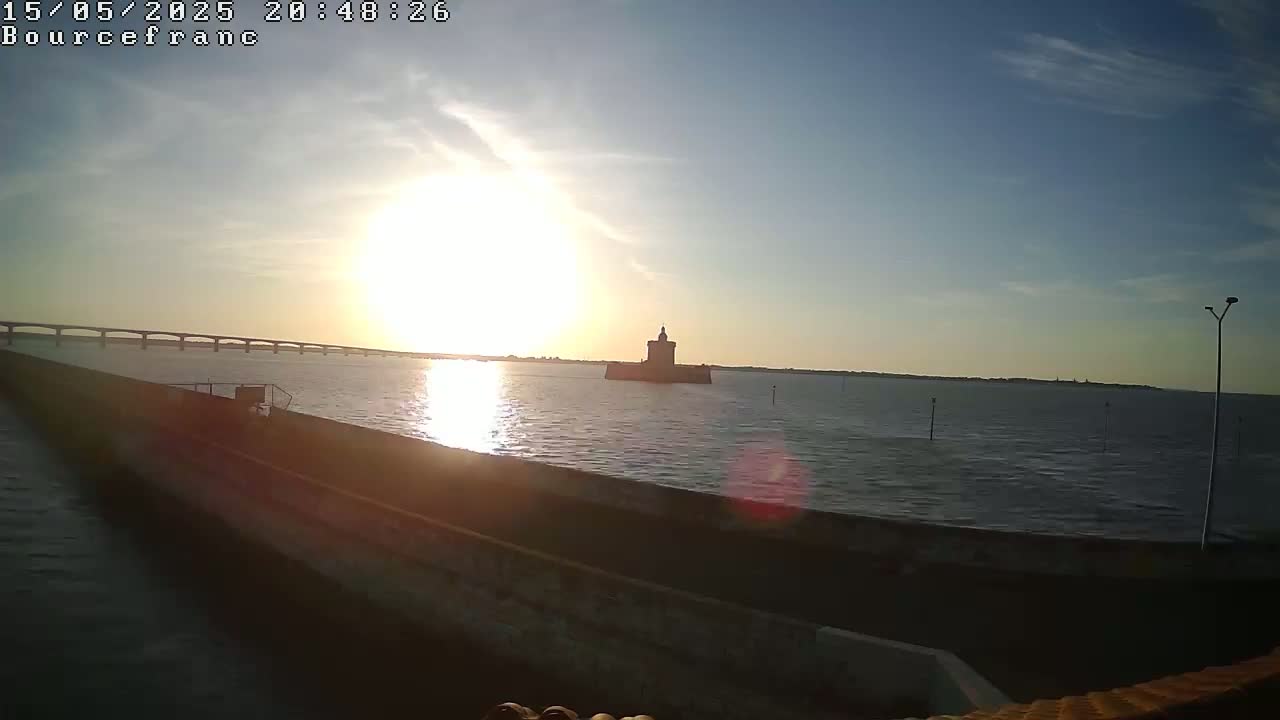 A sunset over calm water shows a stone tower on an island in the distance, with a bridge visible in the far background.
