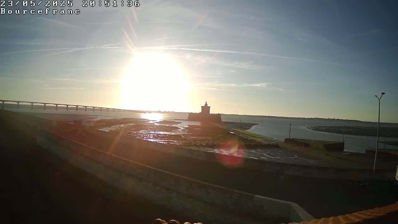 A distant bridge and a stone tower are visible on a partly sunny day with a bright sun low in the sky over calm water.