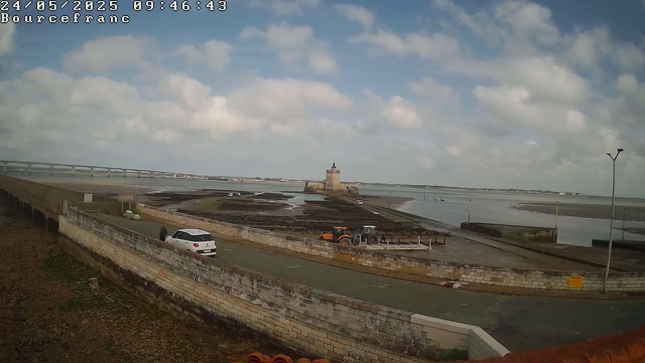A partly cloudy day reveals a stone tower and a small car on a road next to a body of water, with a bridge visible in the distance and farming equipment near the tower.