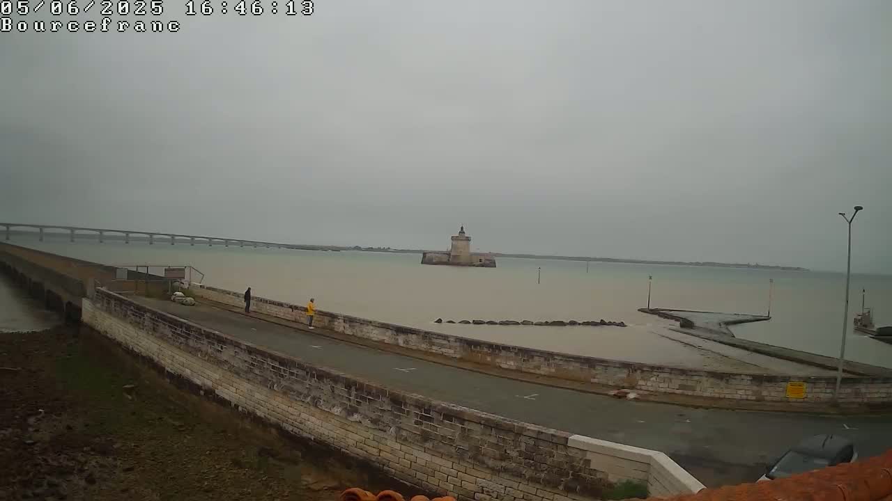 A stone wall curves around a calm, murky body of water, featuring a distant bridge and a small stone tower in the middle distance, under an overcast sky.