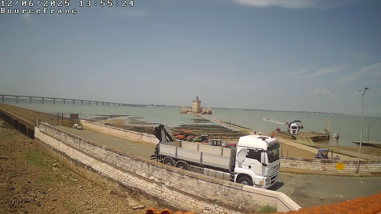 A large truck is parked near a stone wall overlooking a body of water, a distant bridge, and a stone tower under a mostly clear sky.