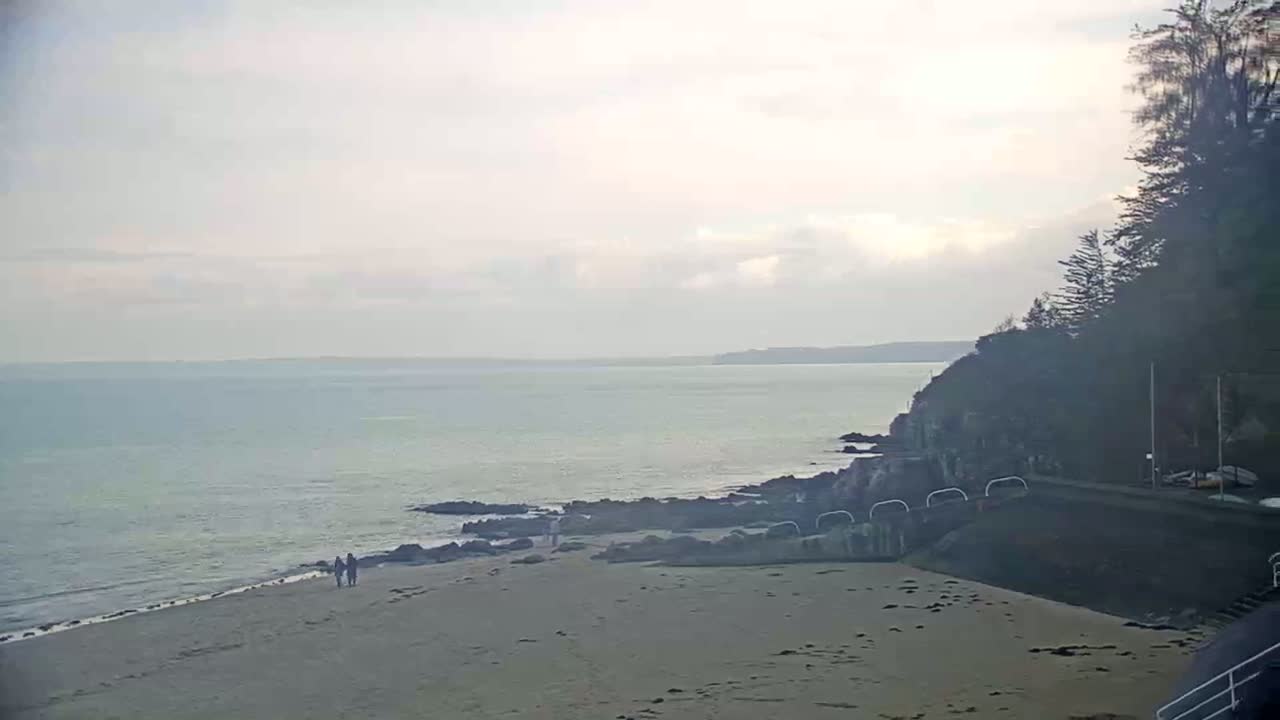 A sandy beach stretches to a calm sea under an overcast sky, with a couple walking on the sand and dark trees on a cliff to the right.