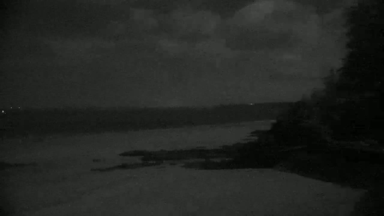 A dark, nighttime scene shows a calm body of water next to a rocky shoreline under a cloudy sky.