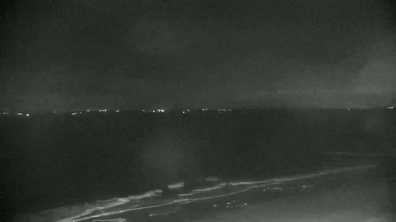 A nighttime, low-light view of a dark shoreline with gently breaking waves, and a distant line of lights in the background.