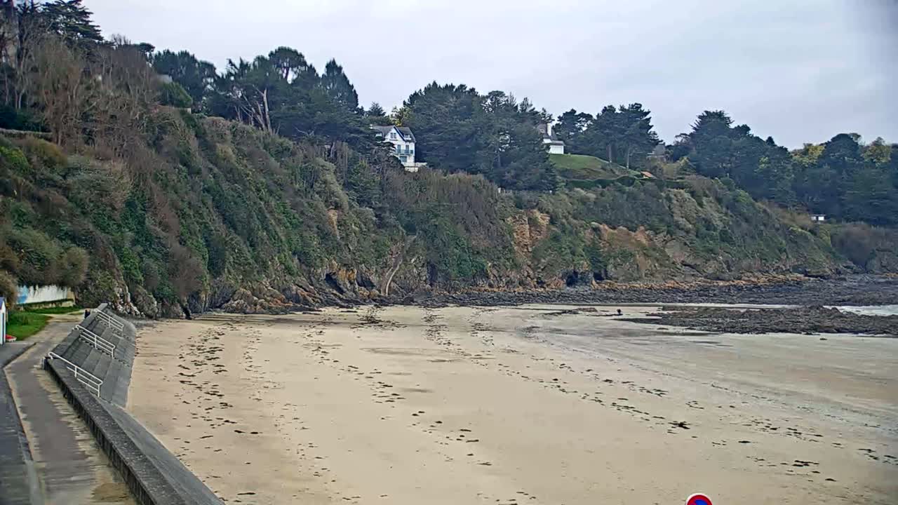 A sandy beach stretches out from a paved walkway bordering a rocky cliff topped with evergreen trees under an overcast sky.