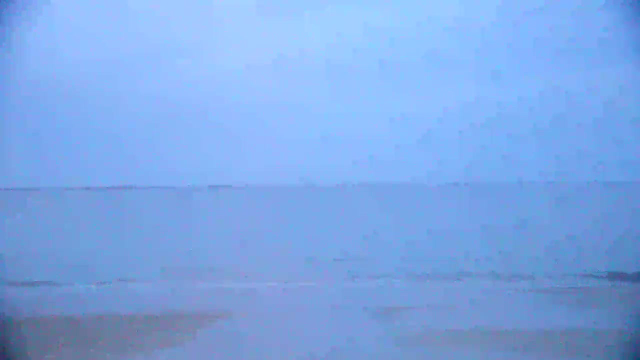 A hazy, overcast sky hangs over a calm body of water meeting a flat, sandy shore.