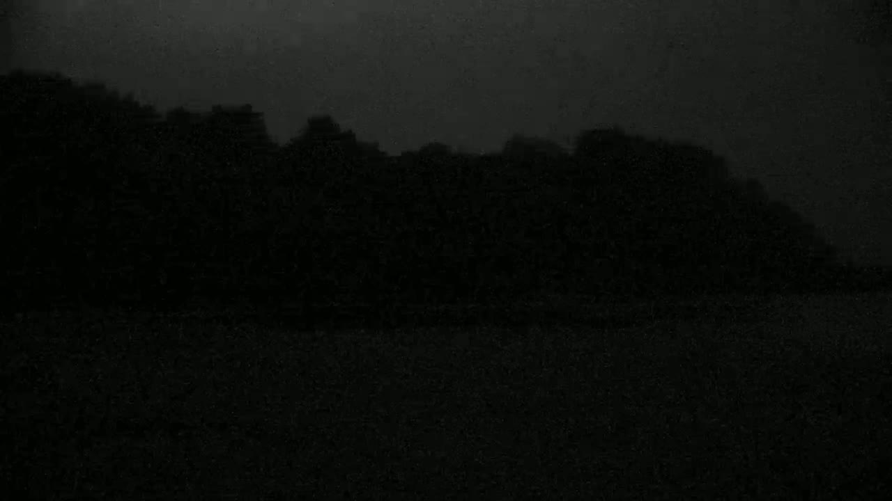 A dark, silhouetted line of trees is visible against a dark, overcast sky.