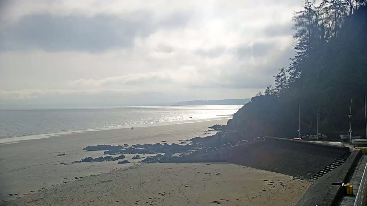A mostly sunny day at a sandy beach with calm water, dark rocks near the shore, and a cliff covered in trees in the background.