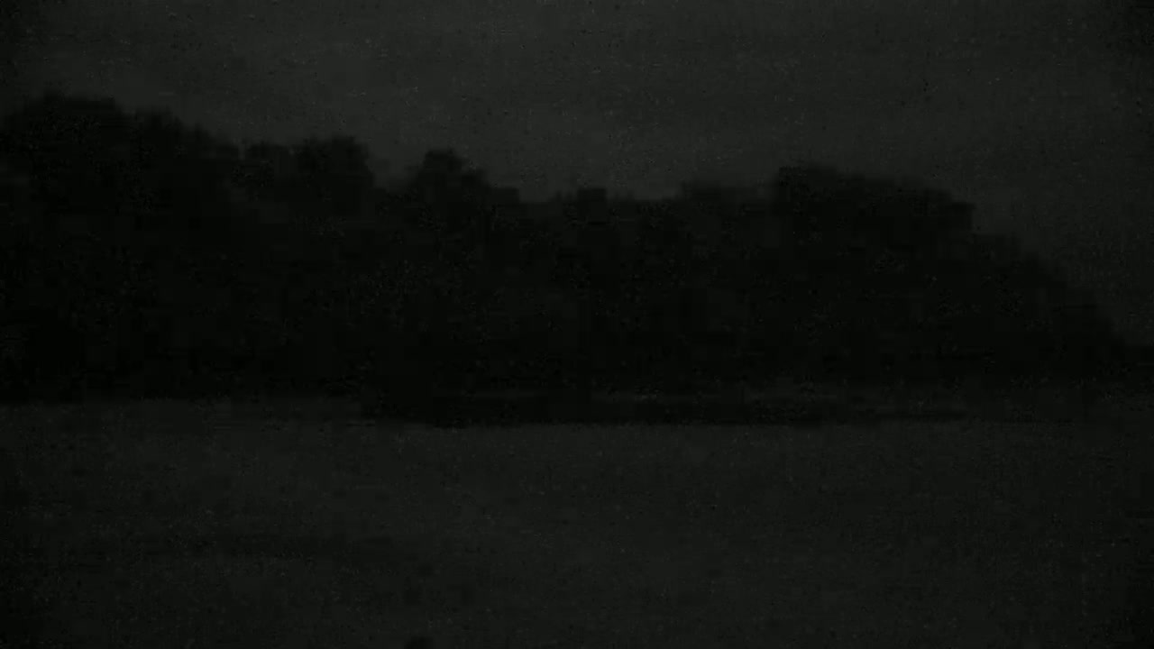A dark, indistinct shoreline with a silhouetted treeline under a heavily overcast sky.