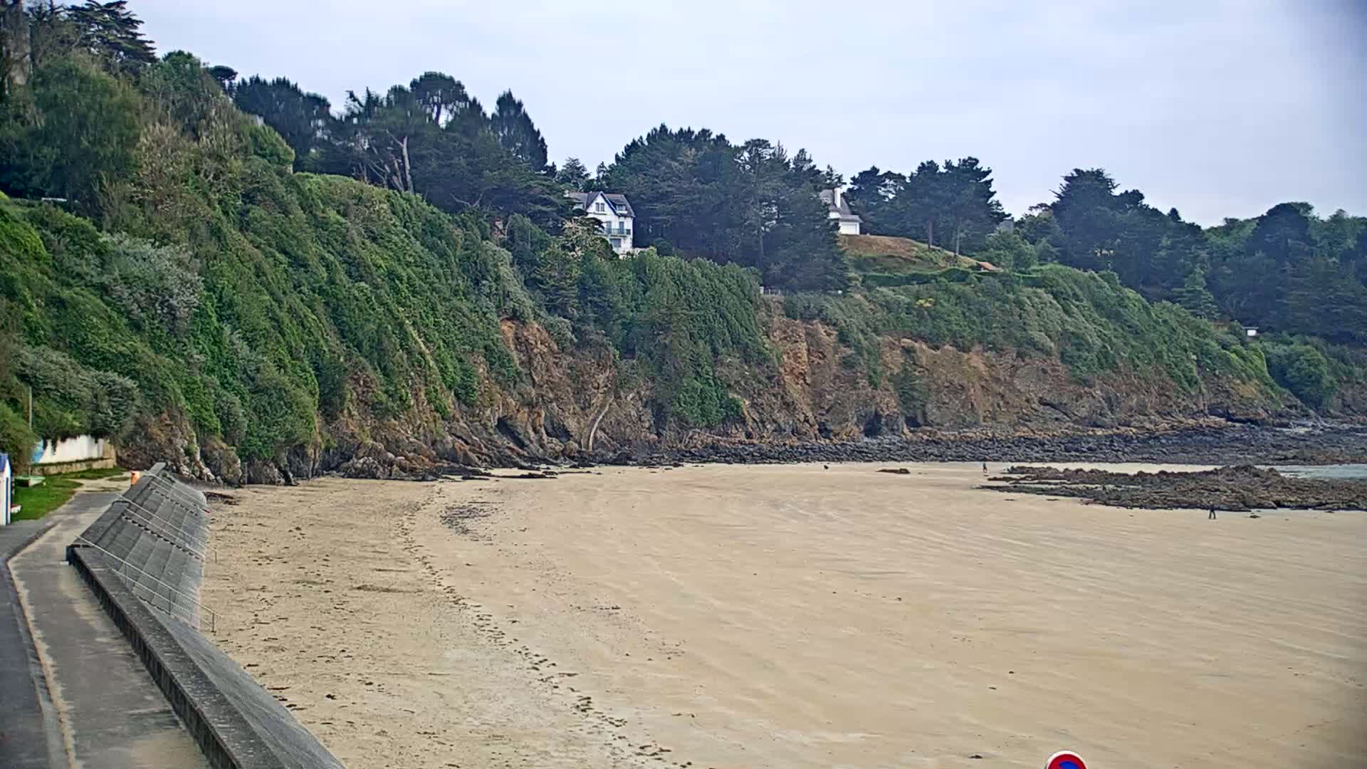A sandy beach stretches out below a steep, green cliff with houses perched atop, under a cloudy sky.